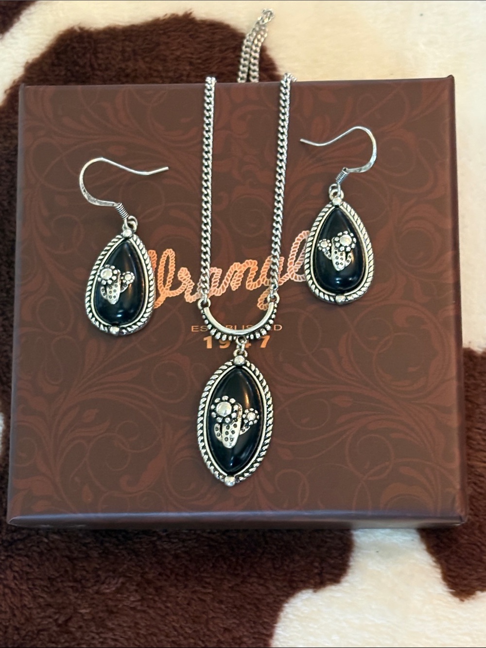 Silver-Tone Black Teardrop Necklace & Earrings Set